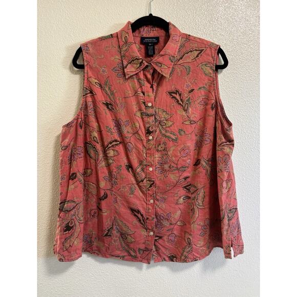Jones New York Women’s Plus Size 2X Linen Button Down Blouse Sleeveless Floral - Picture 1 of 6